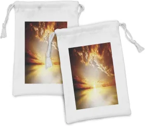 Ambesonne Sun Fabric Pouch Set of 2, Majestic Sunset View Tranquil Horizon Dramatic Skyscape Clouds Ocean Outdoors, Small Drawstring Bag for Toiletries Masks and Favors, 9" x 6", Yellow Dark Orange