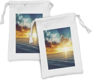 Ambesonne Sunset Fabric Pouch Set of 2, Long Exposure Horizon Panorama over Ocean Dramatic Sky Dusk Serene Image, Small Drawstring Bag for Toiletries Masks and Favors, 9" x 6", Yellow Blue