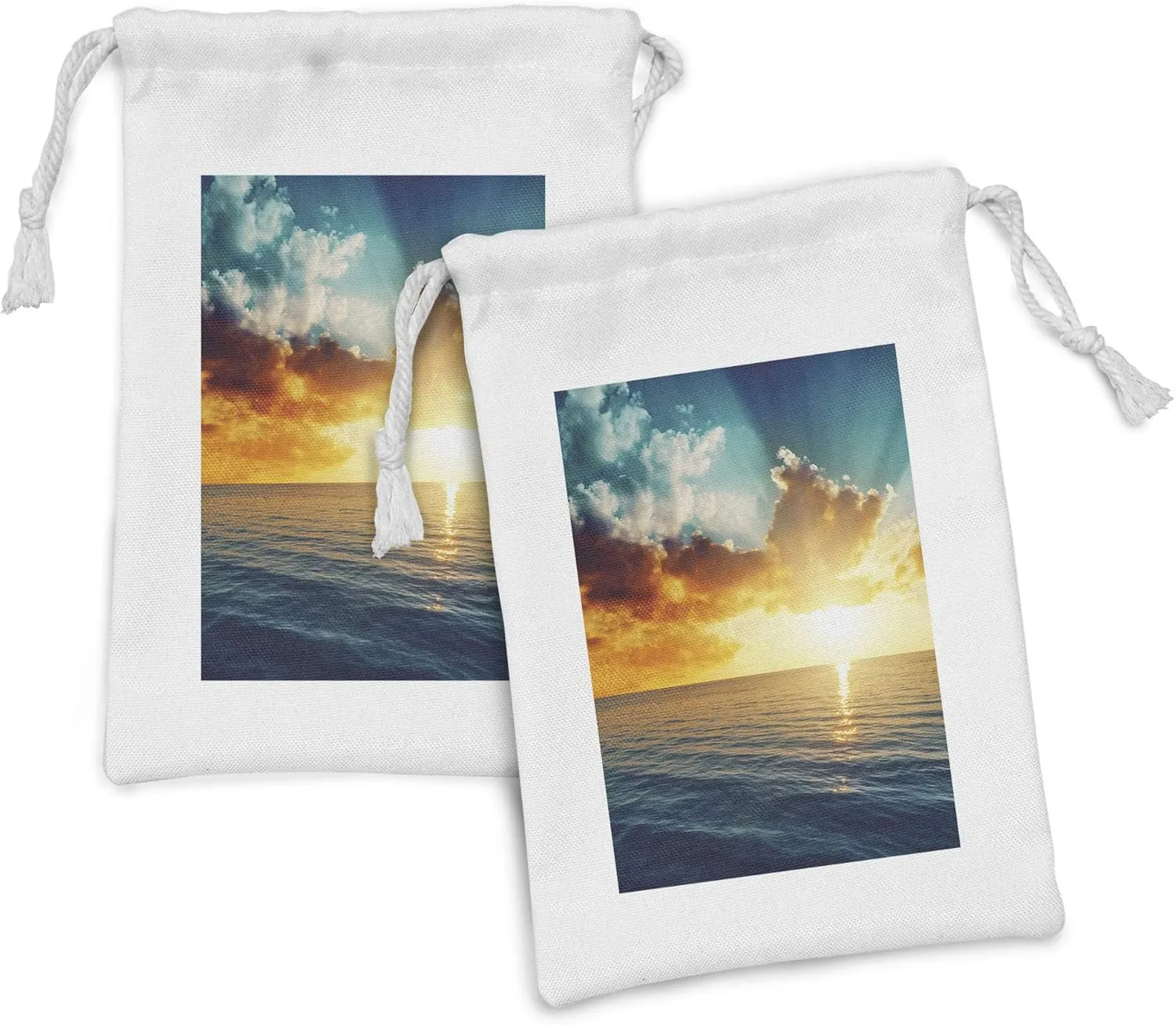 Ambesonne Sunset Fabric Pouch Set of 2, Long Exposure Horizon Panorama over Ocean Dramatic Sky Dusk Serene Image, Small Drawstring Bag for Toiletries Masks and Favors, 9" x 6", Yellow Blue