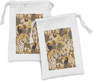 Ambesonne Tiger Fabric Pouch Set of 2, Tropical Animals of Bengal and Toucan Harmonious Nature, Small Drawstring Bag for Toiletries Masks and Favors, 9" x 6", Earth Yellow Dark Blue