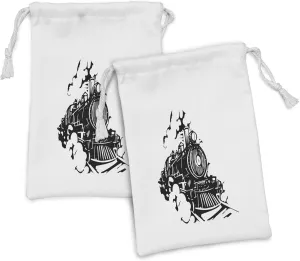Ambesonne Train Fabric Pouch Set of 2, Monochromatic Woodcut Illustration of Railroad Locomotive Transportation, Small Drawstring Bag for Toiletries Masks and Favors, 9" x 6", Charcoal Grey and White