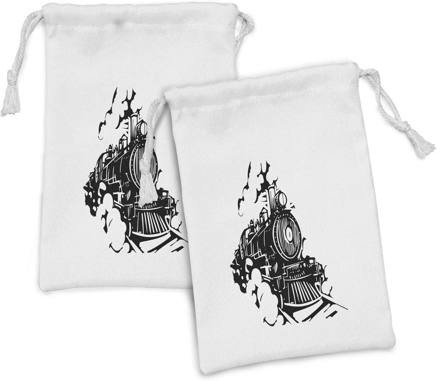 Ambesonne Train Fabric Pouch Set of 2, Monochromatic Woodcut Illustration of Railroad Locomotive Transportation, Small Drawstring Bag for Toiletries Masks and Favors, 9" x 6", Charcoal Grey and White