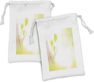 Ambesonne Tulip Fabric Pouch Set of 2, Watercolors Background with Soft Pure Pastel Tone Effects Heralds of Spring Design, Small Drawstring Bag for Toiletries Masks and Favors, 9" x 6", Green Beige
