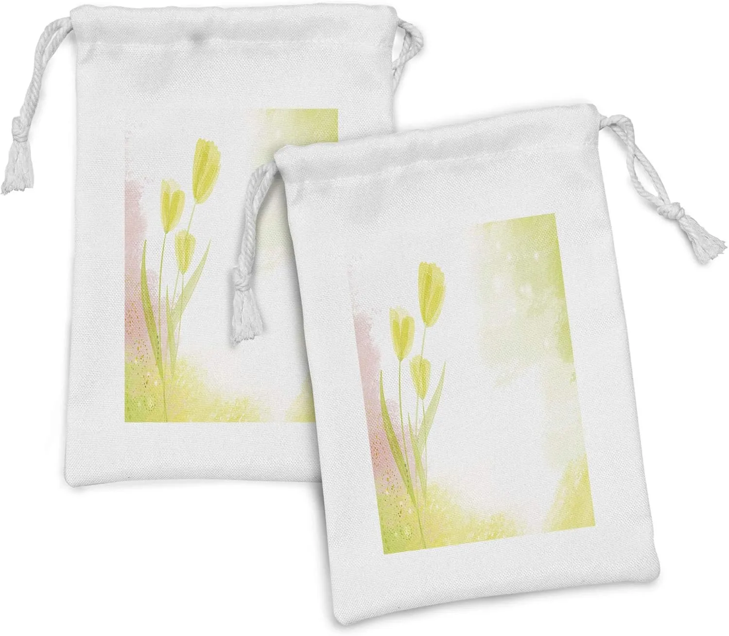 Ambesonne Tulip Fabric Pouch Set of 2, Watercolors Background with Soft Pure Pastel Tone Effects Heralds of Spring Design, Small Drawstring Bag for Toiletries Masks and Favors, 9" x 6", Green Beige