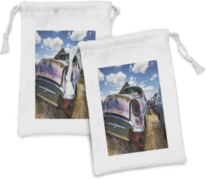 Ambesonne Vintage Fabric Pouch Set of 2, Abandoned Vintage Cars Rusting in a Ghost Town Cloudy Sky Digital Image, Small Drawstring Bag for Toiletries Masks and Favors, 9" x 6", Pale Coffee and Blue