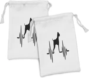 Ambesonne Weimaraner Fabric Pouch Set of 2, Monochromatic Heartbeat Frequency Illustration Alongside Dog Silhouette, Small Drawstring Bag for Toiletries Masks and Favors, 9" x 6", White Charcoal Grey