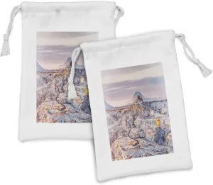 Ambesonne Winter Fabric Pouch Set of 2, Cappadocia Turkey Landscape with Hot Air Balloons Anatolia Valley Geology Tourism, Small Drawstring Bag for Toiletries Masks and Favors, 9" x 6", Multicolor
