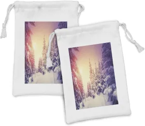 Ambesonne Winter Fabric Pouch Set of 2, Dramatic Wintry Scene Idyllic Landscape with Rising Sun Natural Park Retro Effect, Small Drawstring Bag for Toiletries Masks and Favors, 9" x 6", Multicolor