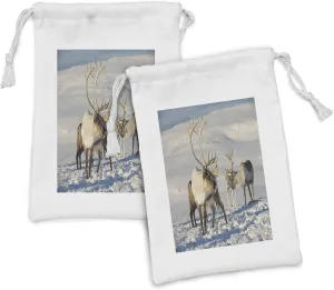 Ambesonne Winter Fabric Pouch Set of 2, Reindeers Natural Environment Tromso Northern Norway Caribou Antler Wildlife, Small Drawstring Bag for Toiletries Masks and Favors, 9" x 6", Brown Ivory Blue