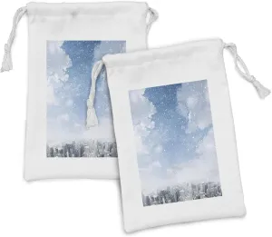 Ambesonne Winter Fabric Pouch Set of 2, Snow Falling down on New York City Urban Life Skyscrapers Streets Cold Weather, Small Drawstring Bag for Toiletries Masks and Favors, 9" x 6", Blue Grey White