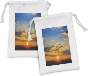 Ambesonne Yellow and Blue Fabric Pouch Set of 2, Dramatic Sunset Horizon View Amongst Clouds Idyllic Weather Dreamy Scene, Small Drawstring Bag for Toiletries Masks and Favors, 9" x 6", Orange Blue