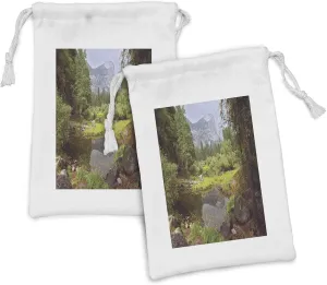 Ambesonne Yosemite Fabric Pouch Set of 2, Small Spring Forest Distant Mountain Picture of Yosemite National Park Landscape Print, Small Drawstring Bag for Toiletries Masks and Favors, 9" x 6", Green