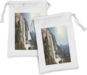 Ambesonne Yosemite Fabric Pouch Set of 2, Yosemite Falls Mountain Sunshine Alpine Trees Dramatic Natural Wilderness Landscape, Small Drawstring Bag for Toiletries Masks and Favors, 9" x 6", Green