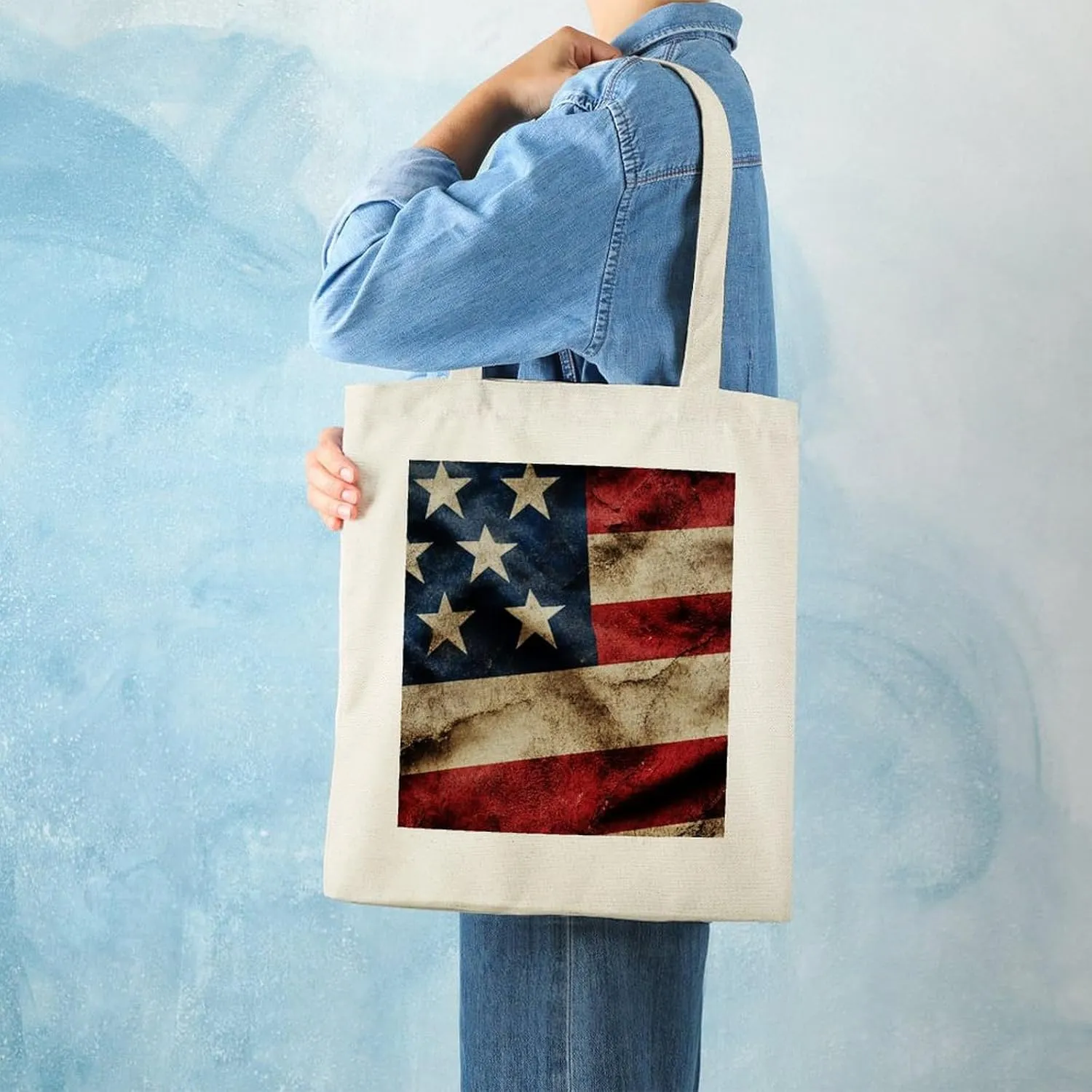 American Flags Canvas Lightweight Tote Bags Casual Handbags Reusable Grocery Shopping Bag 13.4x15.8in