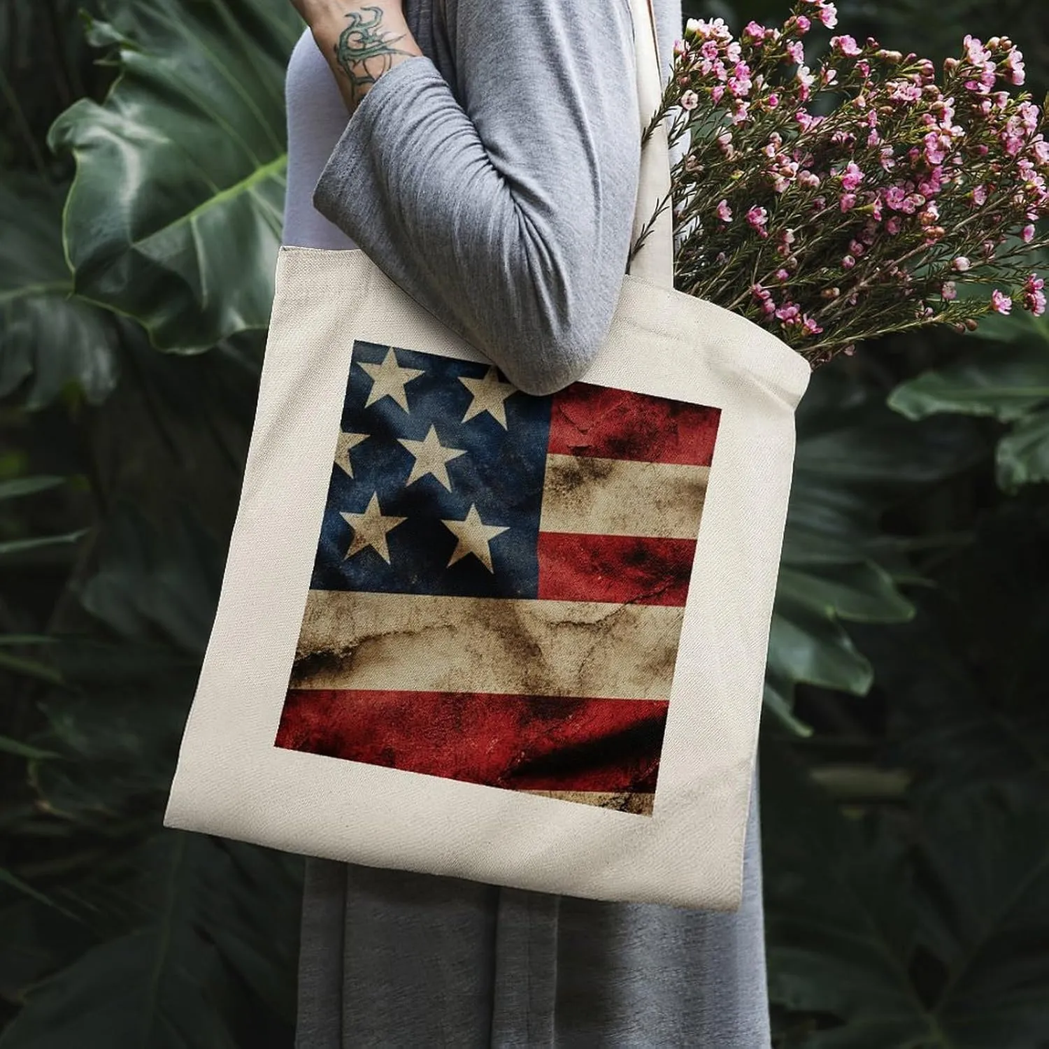 American Flags Canvas Lightweight Tote Bags Casual Handbags Reusable Grocery Shopping Bag 13.4x15.8in