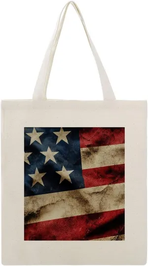American Flags Canvas Lightweight Tote Bags Casual Handbags Reusable Grocery Shopping Bag 13.4x15.8in