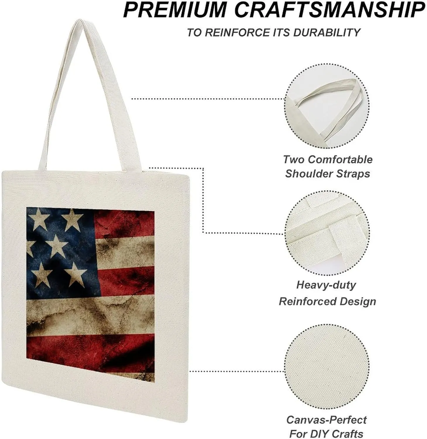 American Flags Canvas Lightweight Tote Bags Casual Handbags Reusable Grocery Shopping Bag 13.4x15.8in