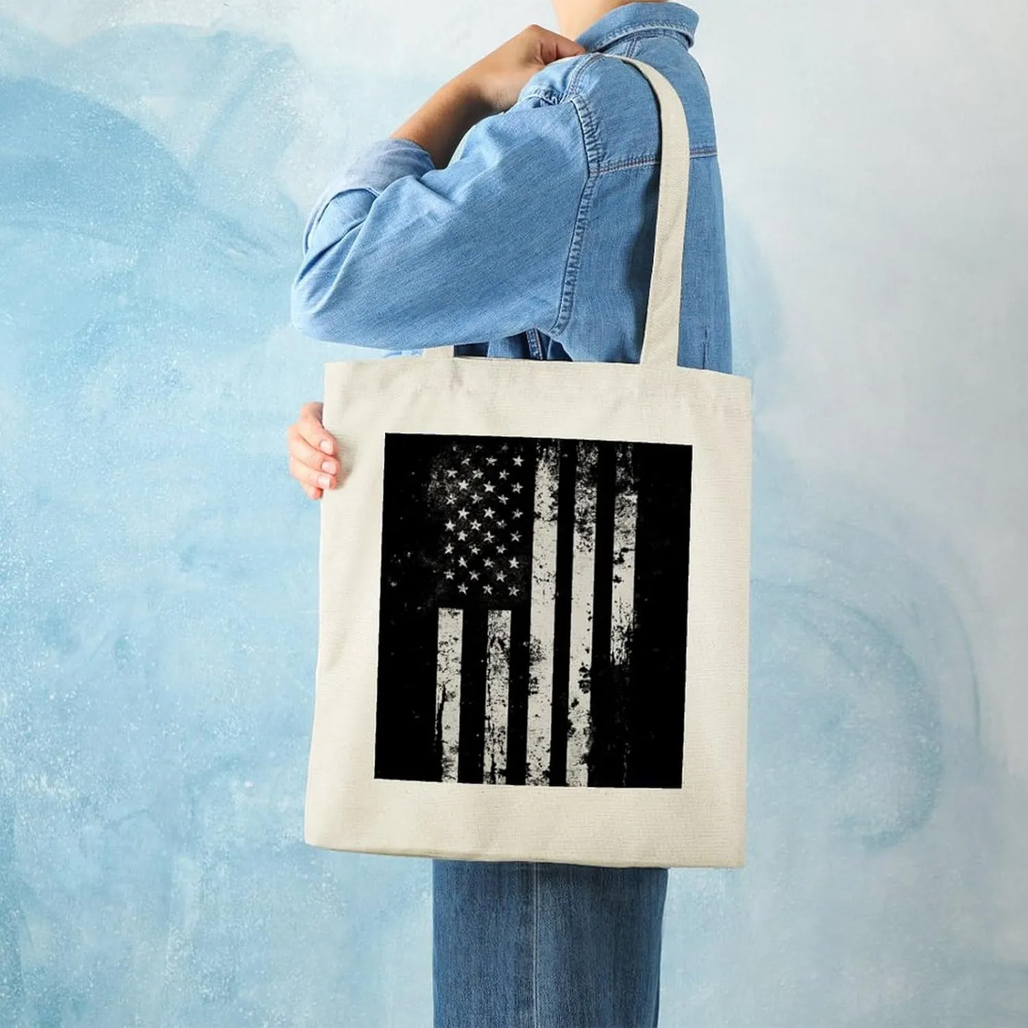 American Flags Canvas Lightweight Tote Bags Casual Handbags Reusable Grocery Shopping Bag 13.4x15.8in