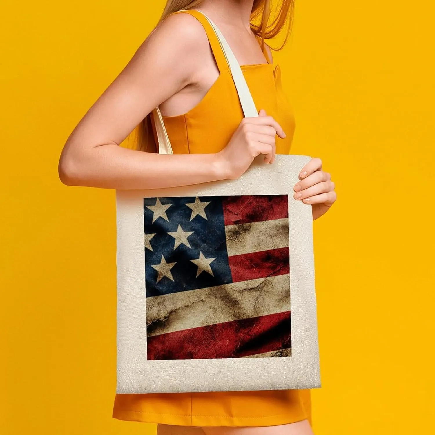 American Flags Canvas Lightweight Tote Bags Casual Handbags Reusable Grocery Shopping Bag 13.4x15.8in