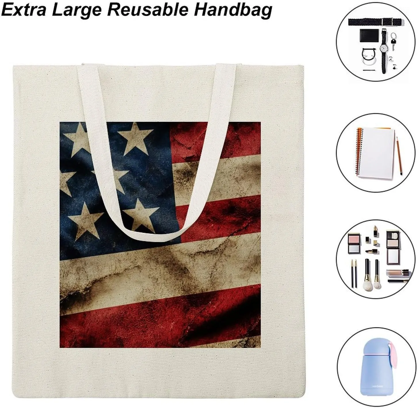 American Flags Canvas Lightweight Tote Bags Casual Handbags Reusable Grocery Shopping Bag 13.4x15.8in