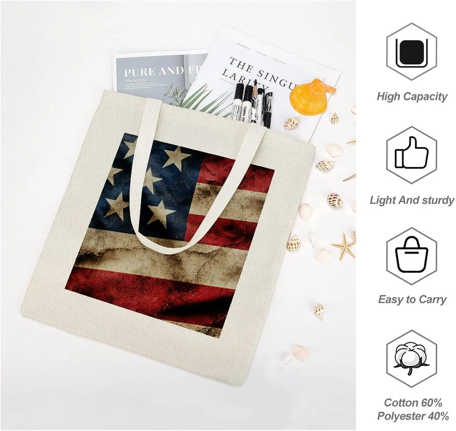 American Flags Canvas Lightweight Tote Bags Casual Handbags Reusable Grocery Shopping Bag 13.4x15.8in