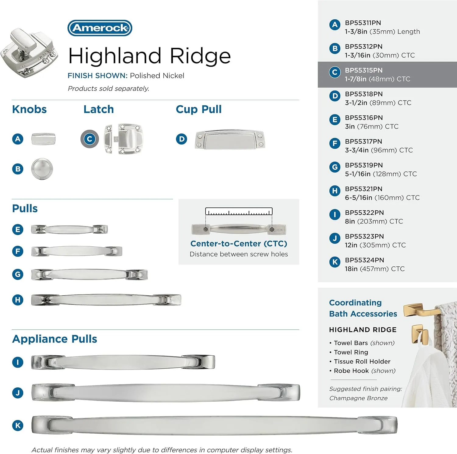 Amerock | Cabinet Latch | Polished Nickel | 1-7/8 inch (48 mm) Length | Highland Ridge | 1 Pack | Cabinet Hardware