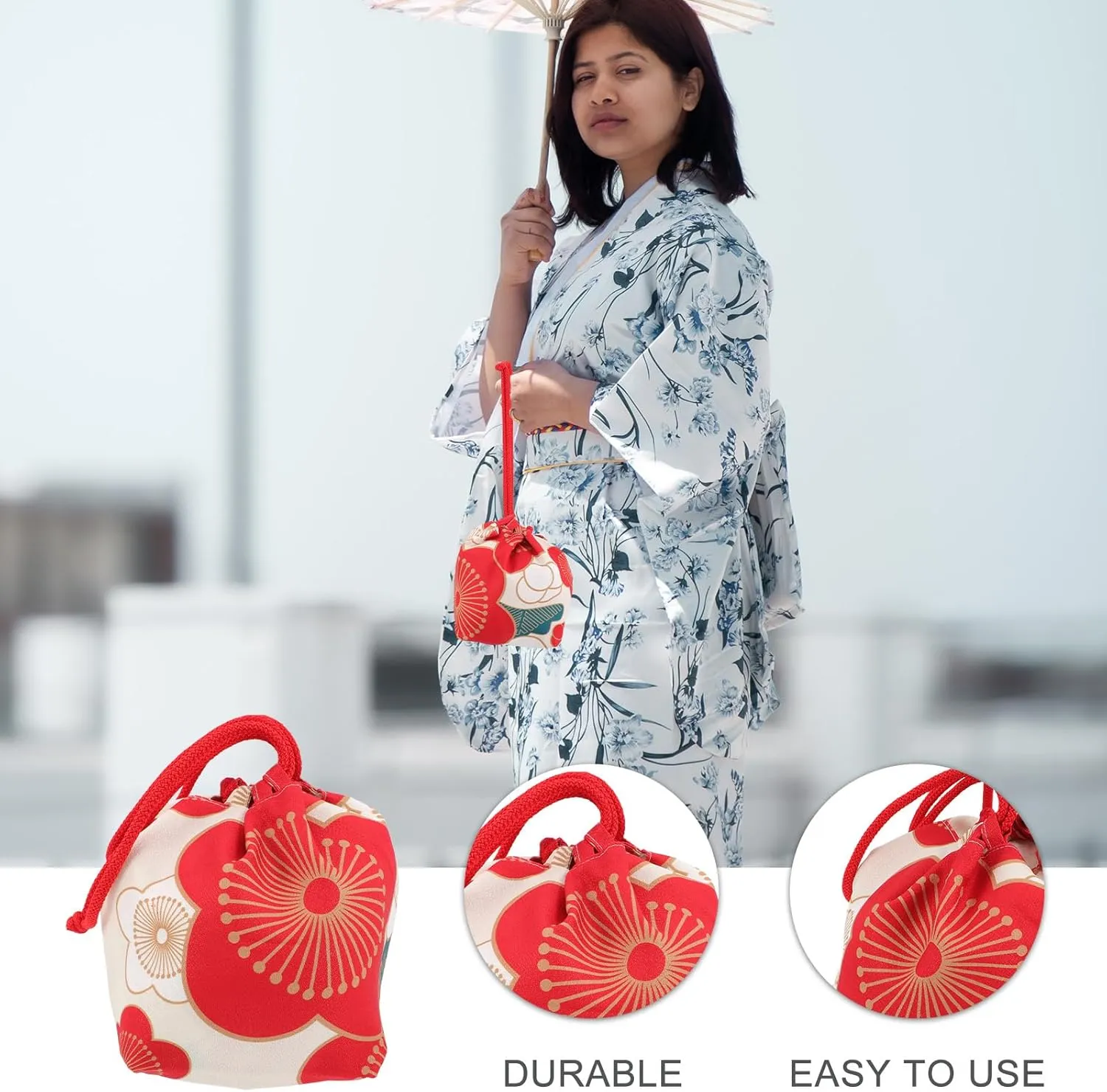 Amosfun Japanese Style Drawstring Bag Japanese Kimono Purse Portable Phone Pouch