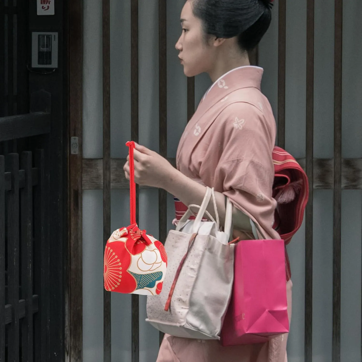 Amosfun Japanese Style Drawstring Bag Japanese Kimono Purse Portable Phone Pouch