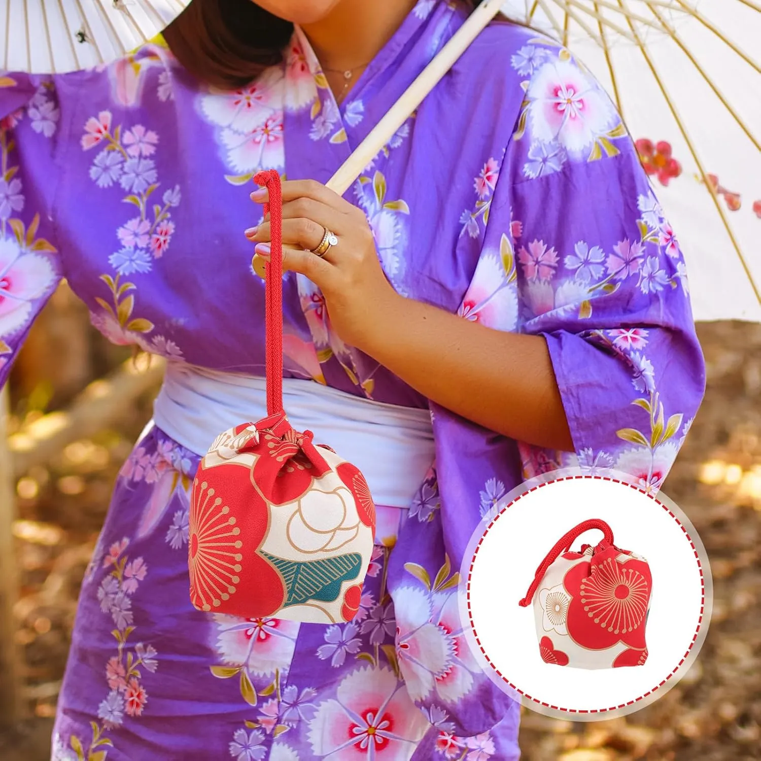 Amosfun Japanese Style Drawstring Bag Japanese Kimono Purse Portable Phone Pouch