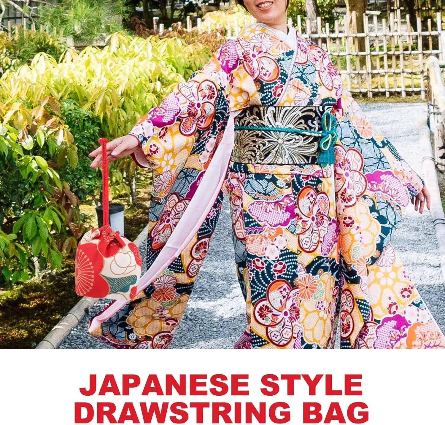Amosfun Japanese Style Drawstring Bag Japanese Kimono Purse Portable Phone Pouch