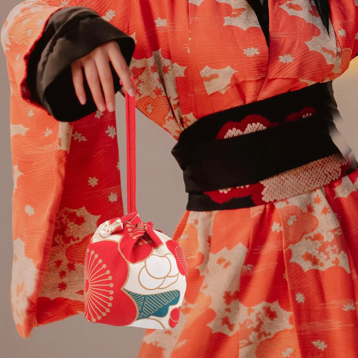 Amosfun Japanese Style Drawstring Bag Japanese Kimono Purse Portable Phone Pouch