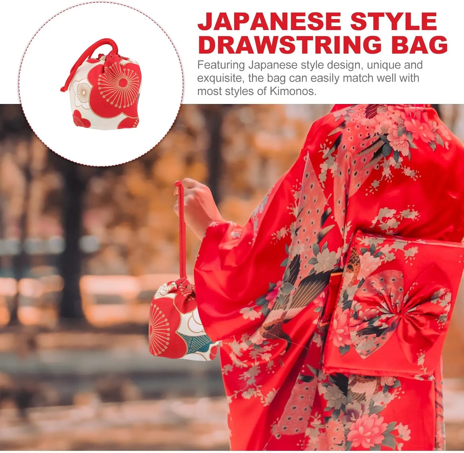 Amosfun Japanese Style Drawstring Bag Japanese Kimono Purse Portable Phone Pouch