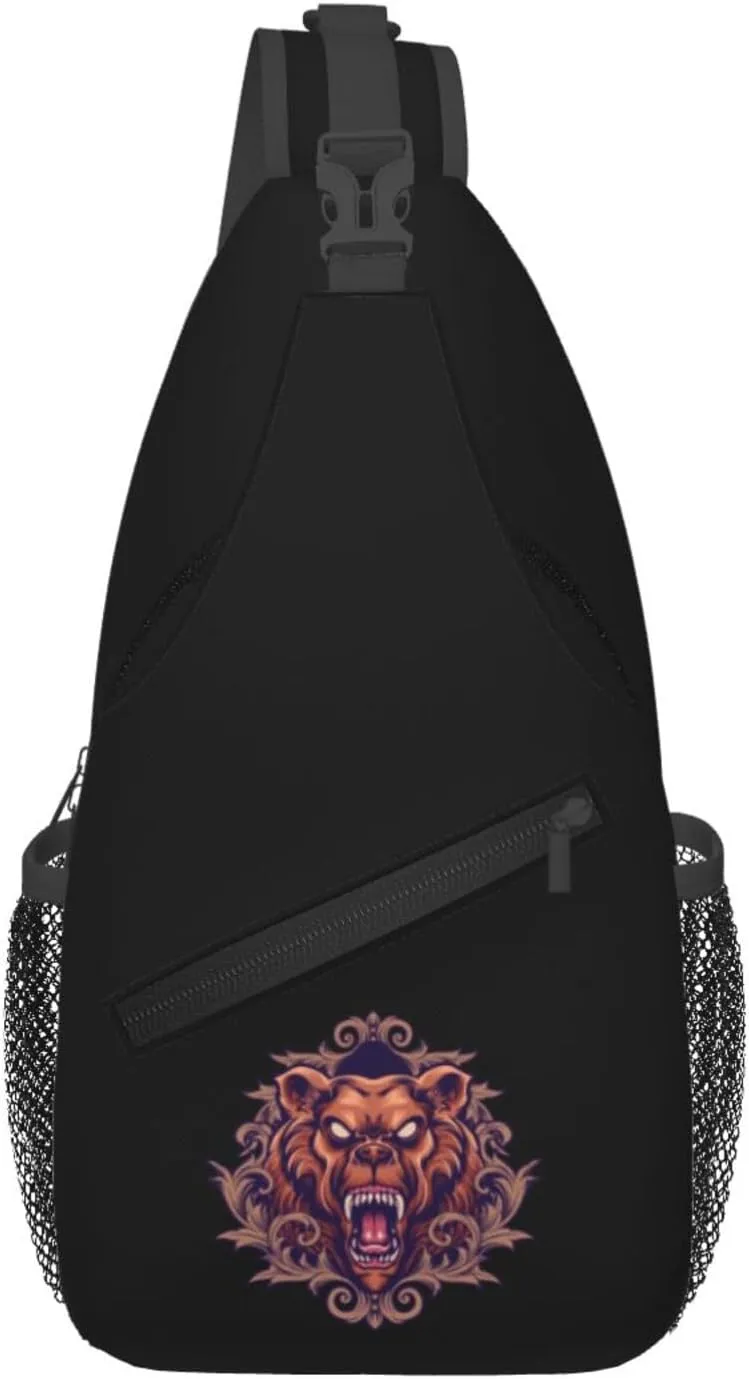Angry Bear Head Crossbody Bags For Women Men Chest Backpack Gym Shoulder Bag Travel Outdoor Sports Casual Crossbody Bags