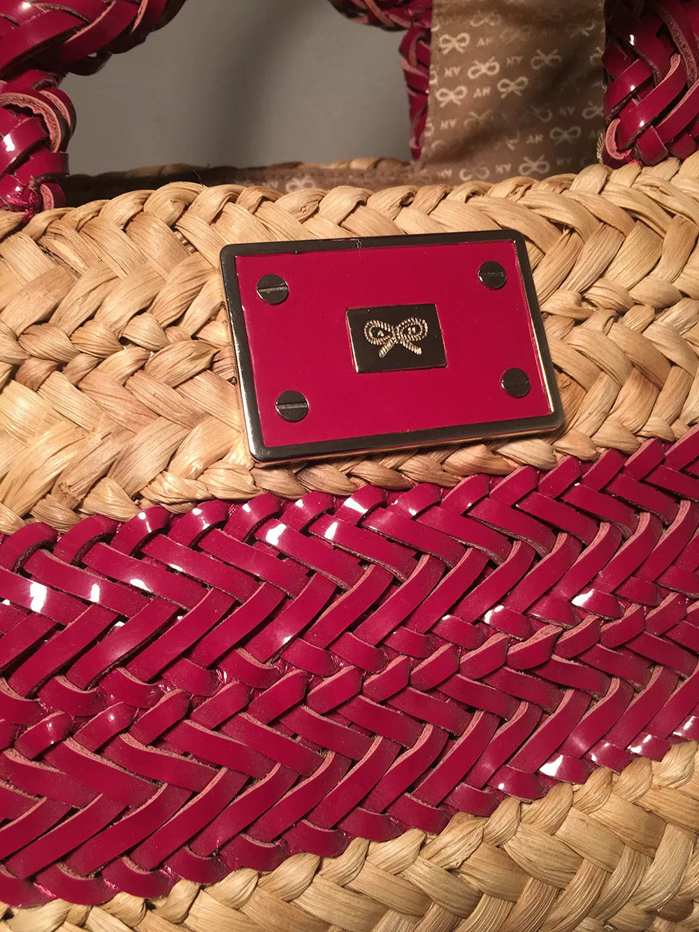 Anya Hindmarch Magenta Leather and Tan Rattan Large Woven Basket Tote Bag