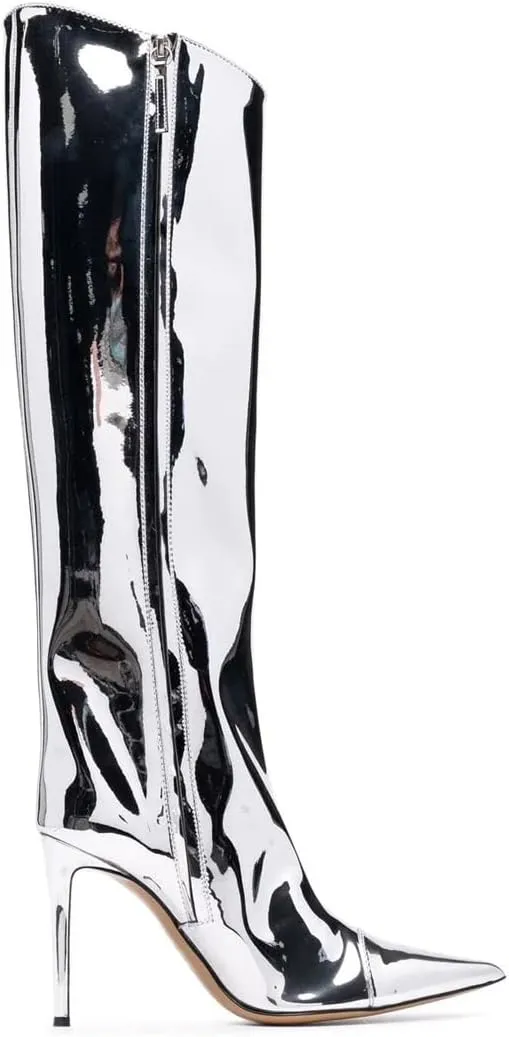 Arqa Metallic Boots for Women Pointed Toe High Stiletto Heel Knee High Boot Fashion Chrome Zipper Boot Dressy Party Shoes