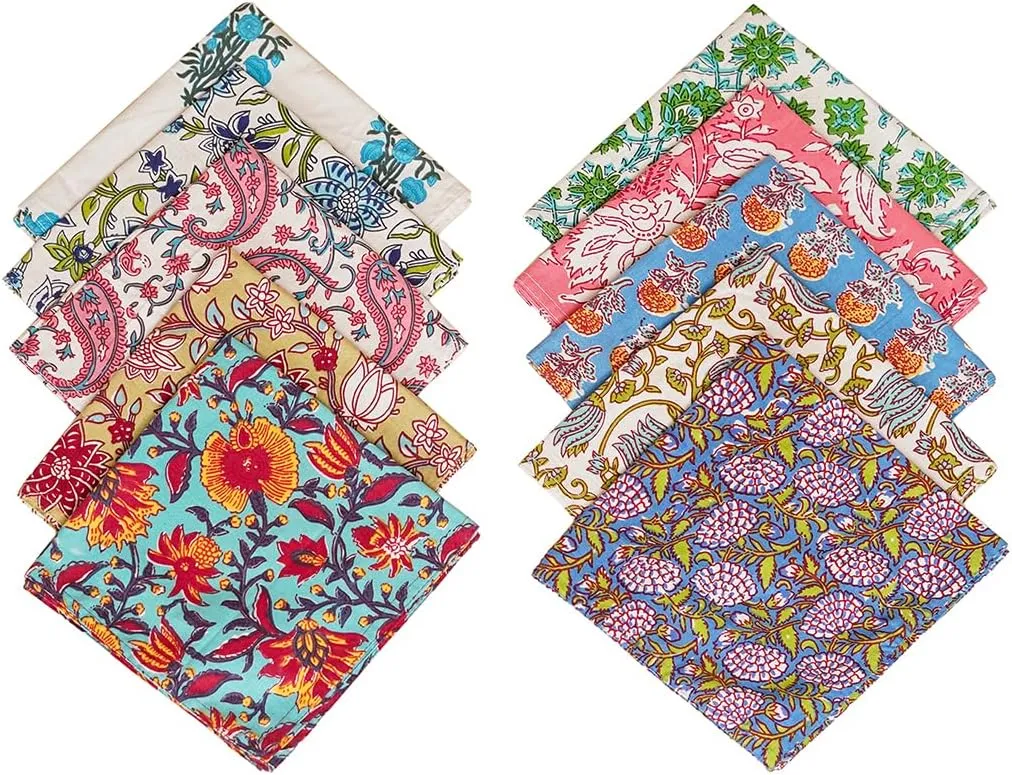 ASAV 10 Pc Set Cloth Napkin Cotton Hand Block Printed 17 x 17 Inches Kitchen Dinning Room Cloth Napkin Bulk Napkins Cloth Washable Table Napkins (Multicolour, 10)