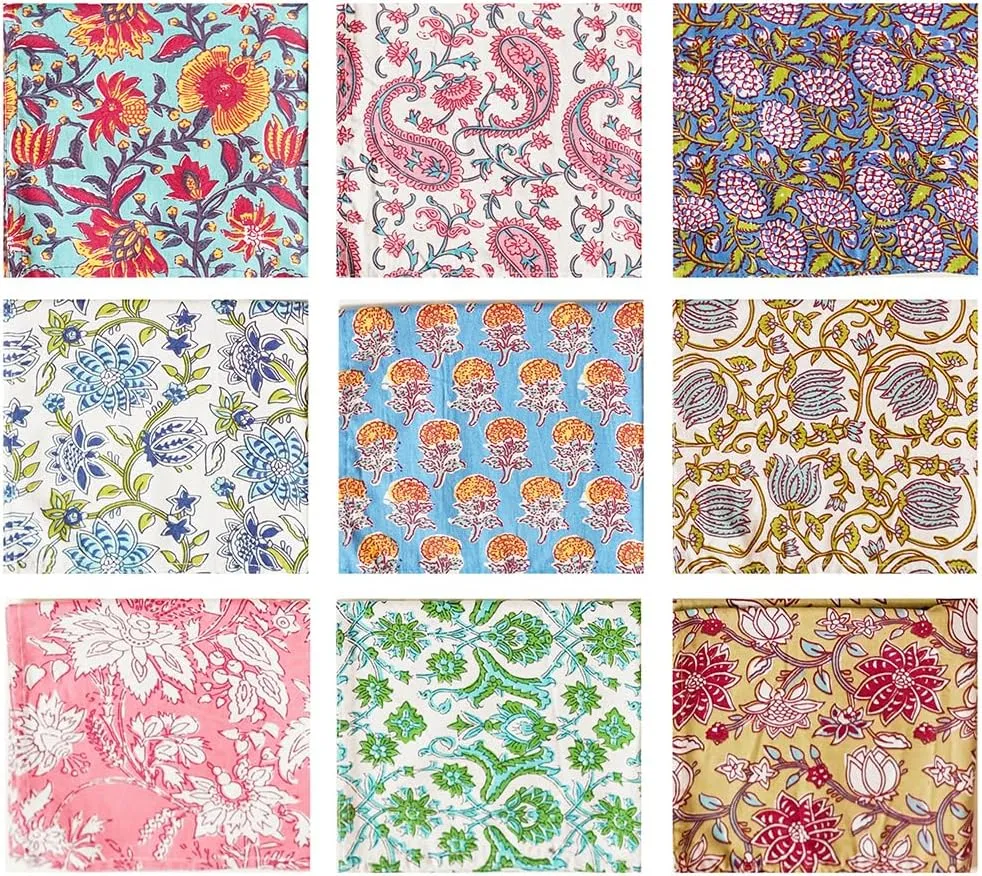 ASAV 10 Pc Set Cloth Napkin Cotton Hand Block Printed 17 x 17 Inches Kitchen Dinning Room Cloth Napkin Bulk Napkins Cloth Washable Table Napkins (Multicolour, 10)