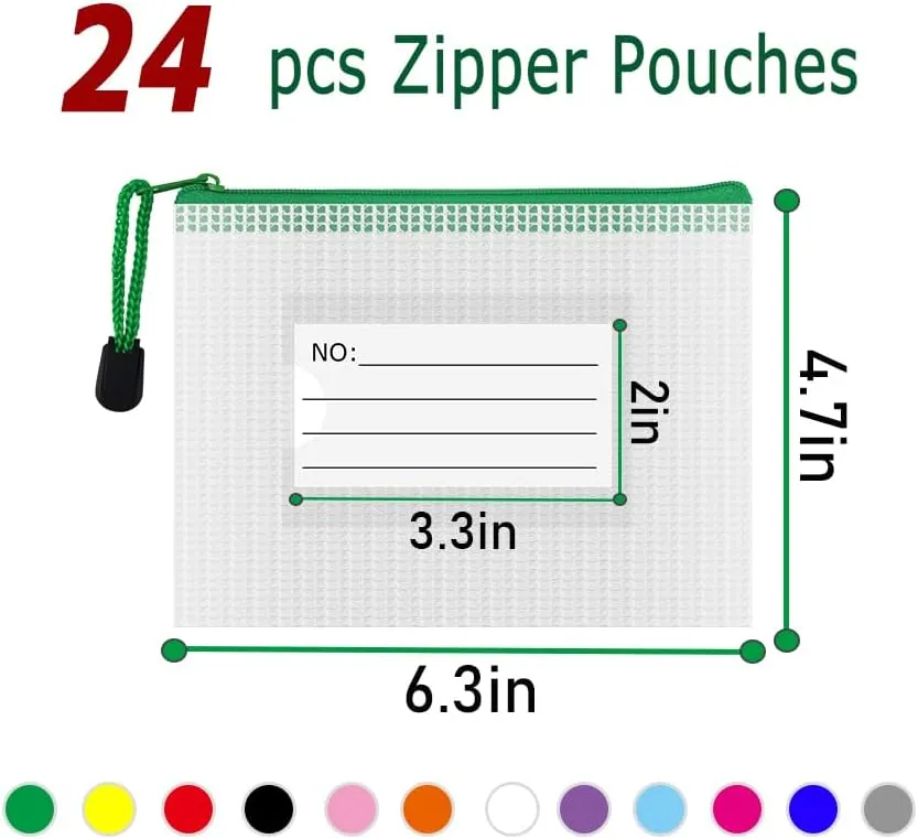 AUSTARK 24PCS Mesh Zipper Pouches, Plastic Zipper Bags with Label Pocket, Multipurpose Storage Organization Bags for Office, Home, Travel, Cosmetic (6.3''x4.7'', 12-Colors)