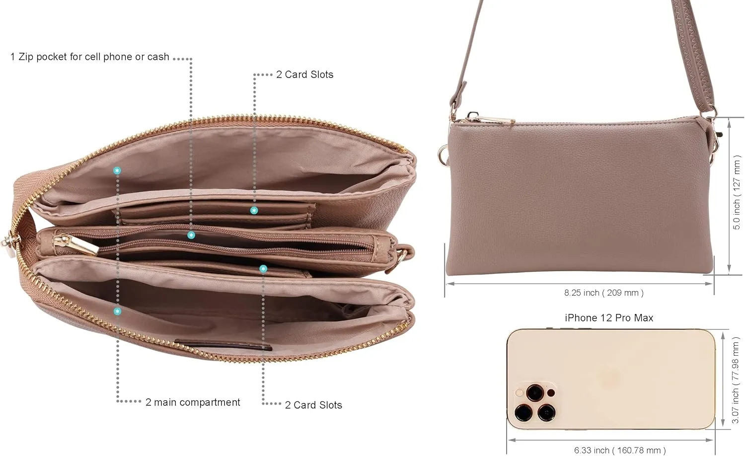 B BRENTANO Vegan Leather Multi-Pocket Crossbody Purse/Clutch with Card Slots, Removable Wristlet & Adjustable Shoulder Strap
