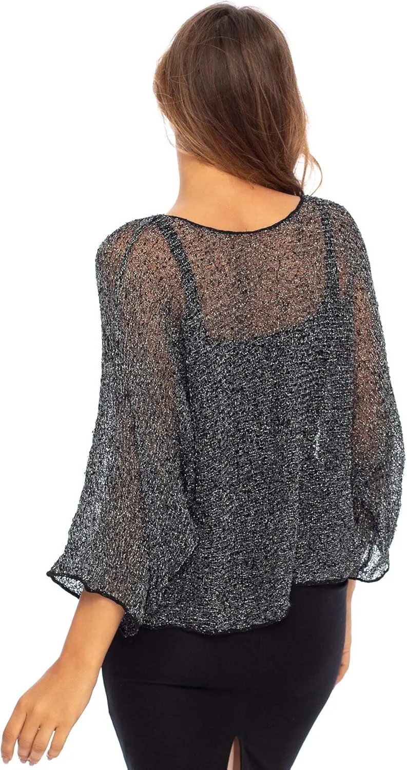 Back From Bali Womens Sheer Shrug Dressy Poncho Top Lightweight Mesh Knit Sweater Dolman Sleeves