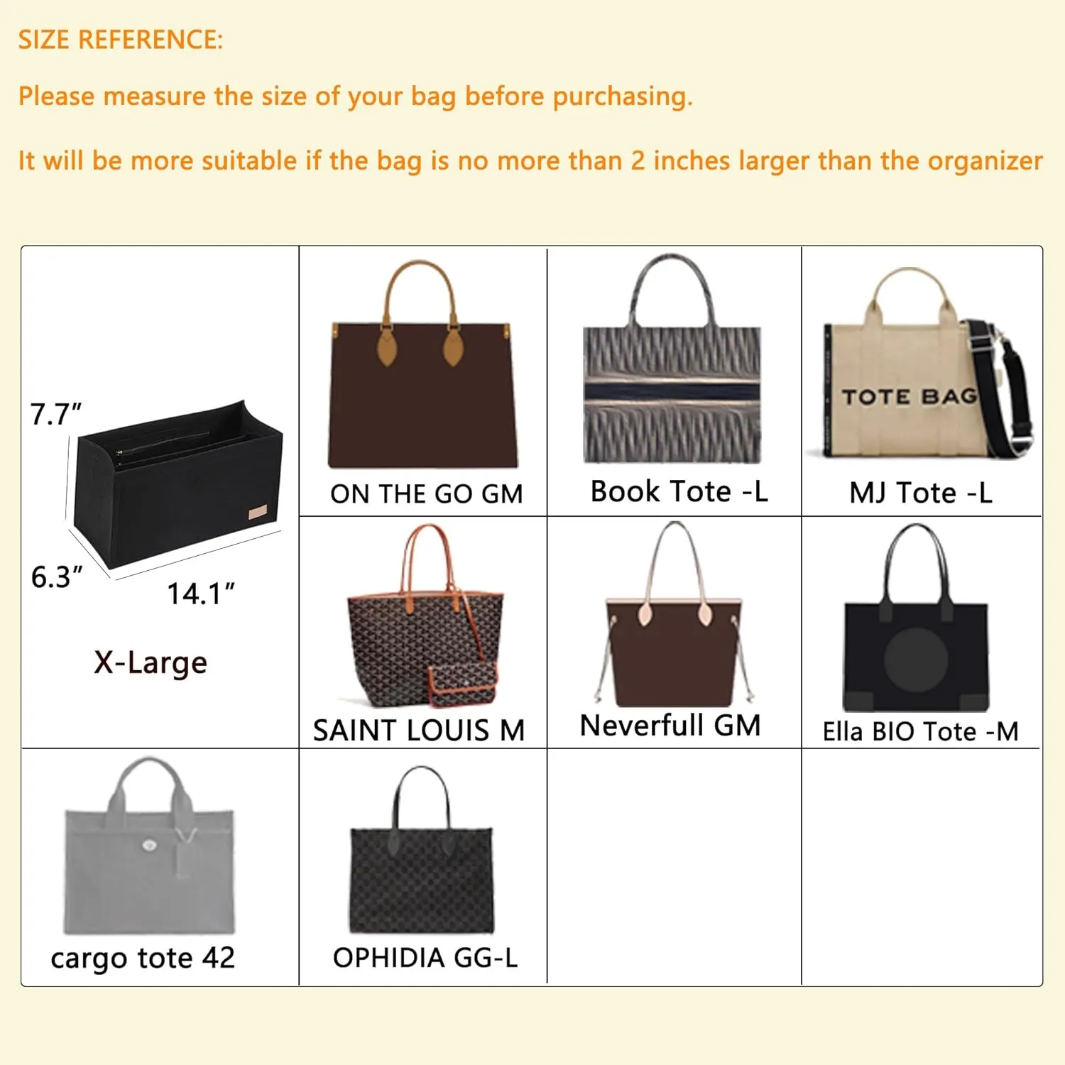 Bag Organizer Insert,Tote Bag Insert For Book Tote Bags Large Size, Handbag Inner Organizer,Handbag Storage, Bags Felt Liner with Zipper (Black，XL)