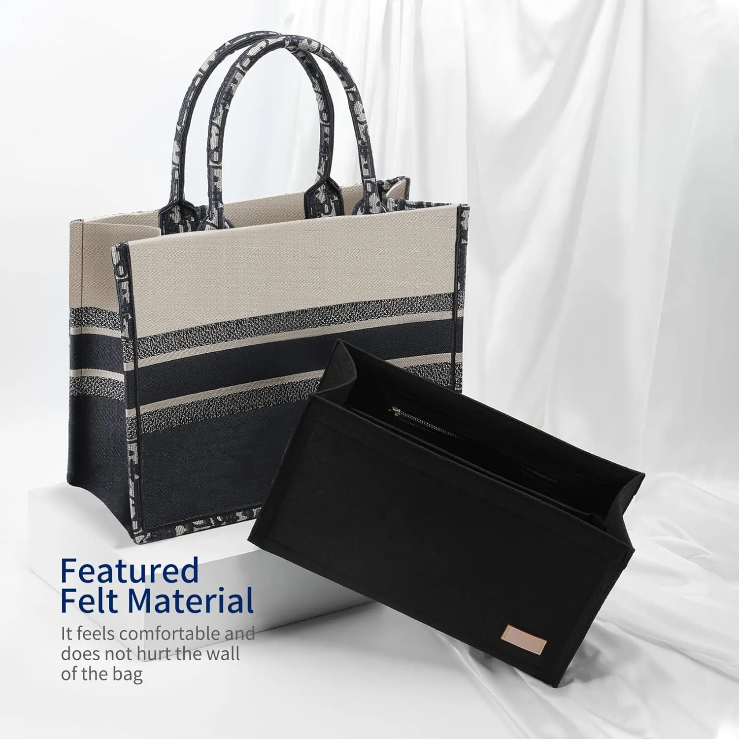 Bag Organizer Insert,Tote Bag Insert For Book Tote Bags Large Size, Handbag Inner Organizer,Handbag Storage, Bags Felt Liner with Zipper (Black，XL)
