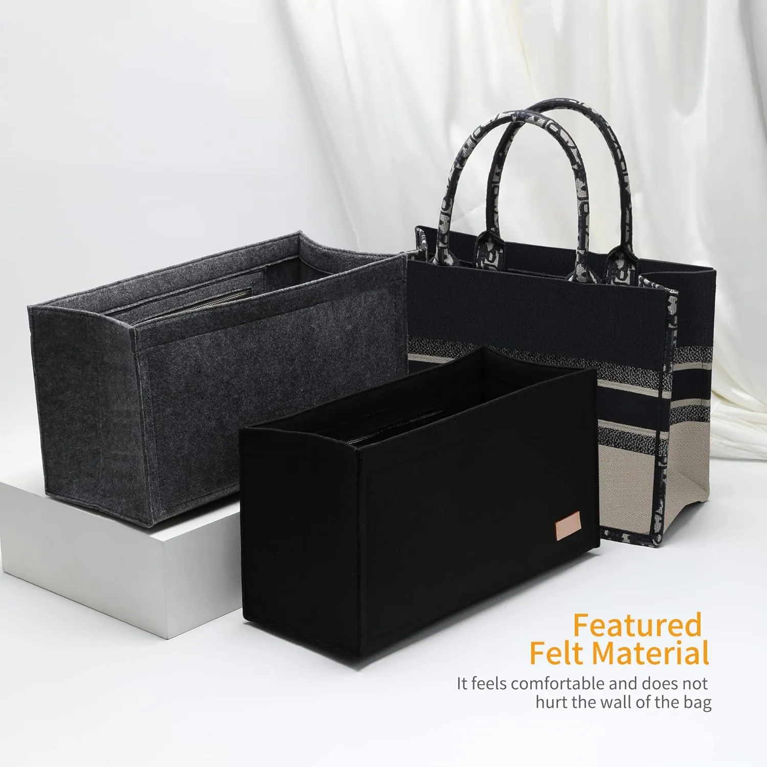 Bag Organizer Insert,Tote Bag Insert For Book Tote Bags Large Size, Handbag Inner Organizer,Handbag Storage, Bags Felt Liner with Zipper (Black，XL)