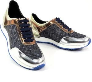 Baldinini Women's Metallic Mesh Sneakers, Silver and Gold, Comfort Fashion Athletic Shoes