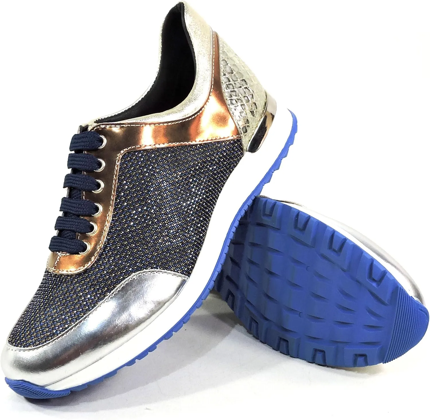 Baldinini Women's Metallic Mesh Sneakers, Silver and Gold, Comfort Fashion Athletic Shoes