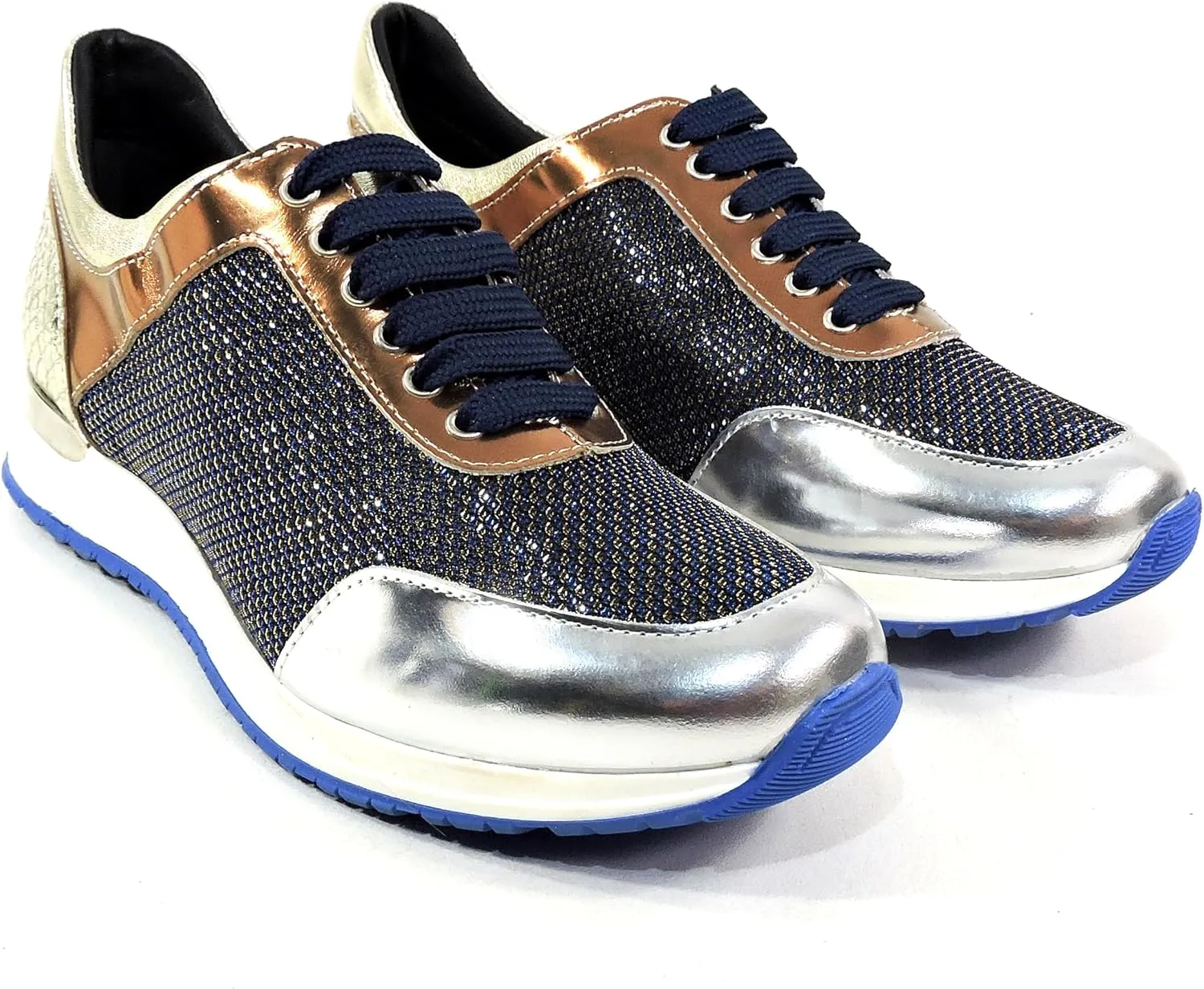 Baldinini Women's Metallic Mesh Sneakers, Silver and Gold, Comfort Fashion Athletic Shoes