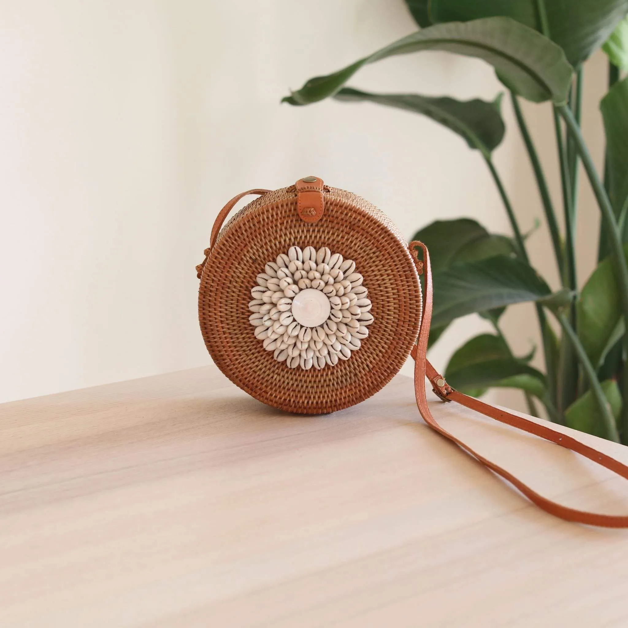 Bali Round Rattan Crossbody Bag Seashell Embellishment with Adjustable Strap
