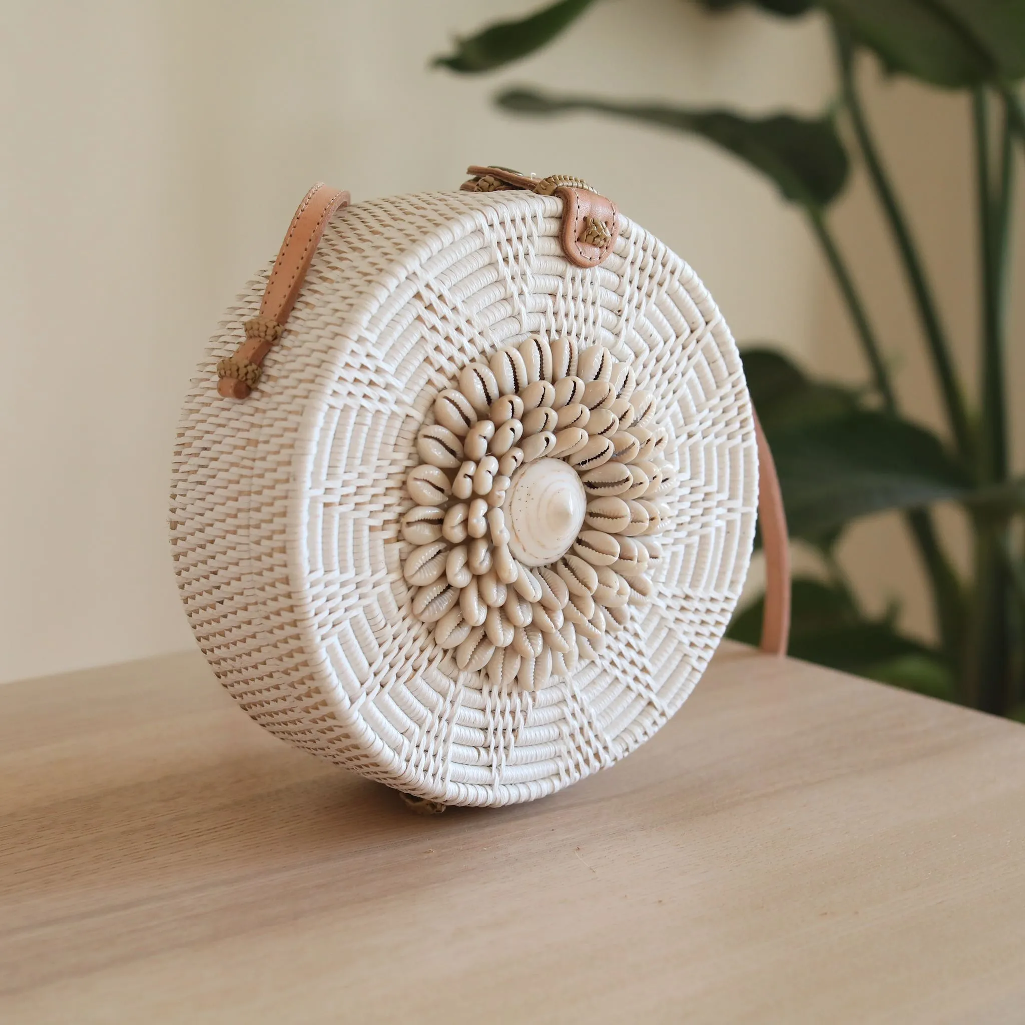 Bali Round Rattan Crossbody Bag Seashell Embellishment with Adjustable Strap
