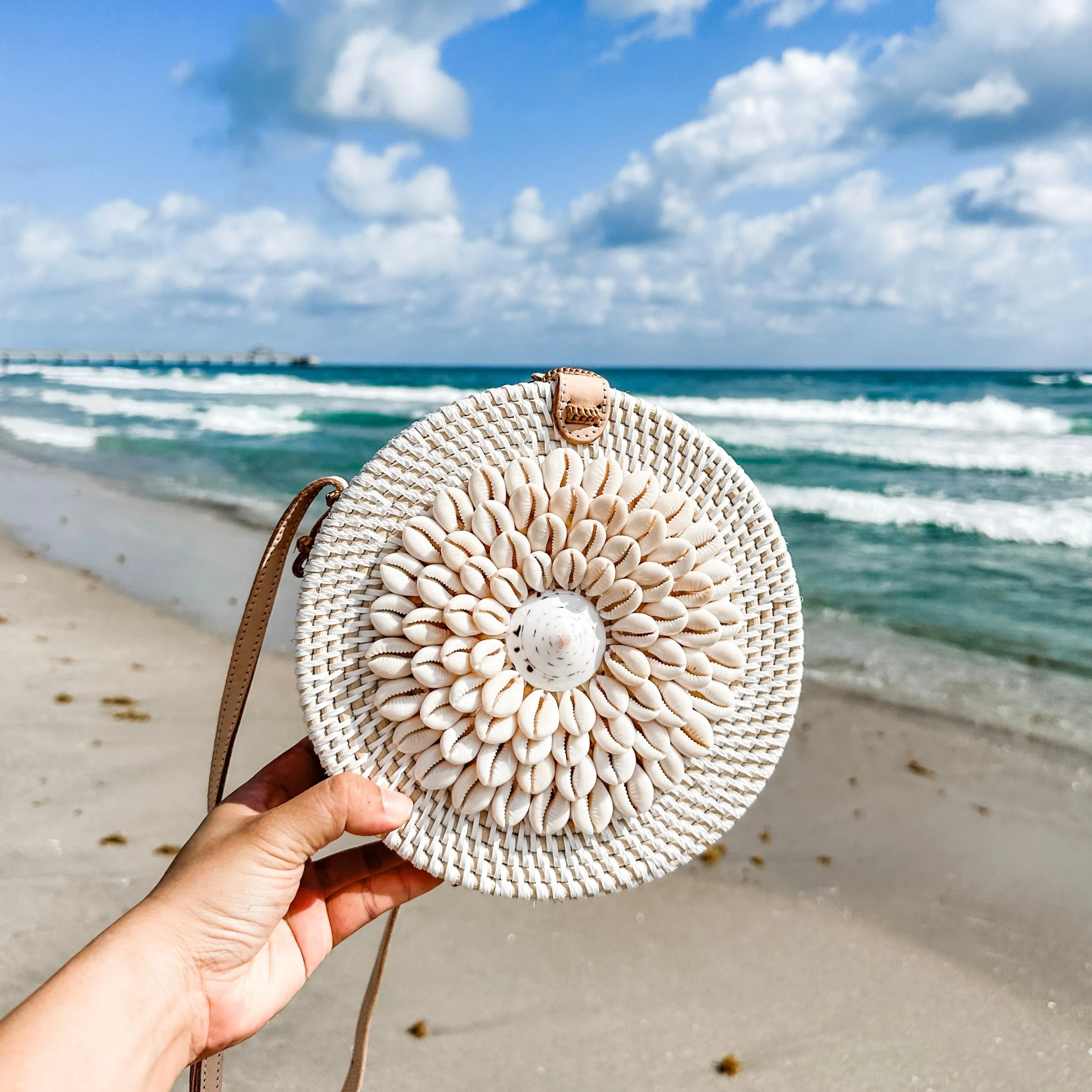 Bali Round Rattan Crossbody Bag Seashell Embellishment with Adjustable Strap