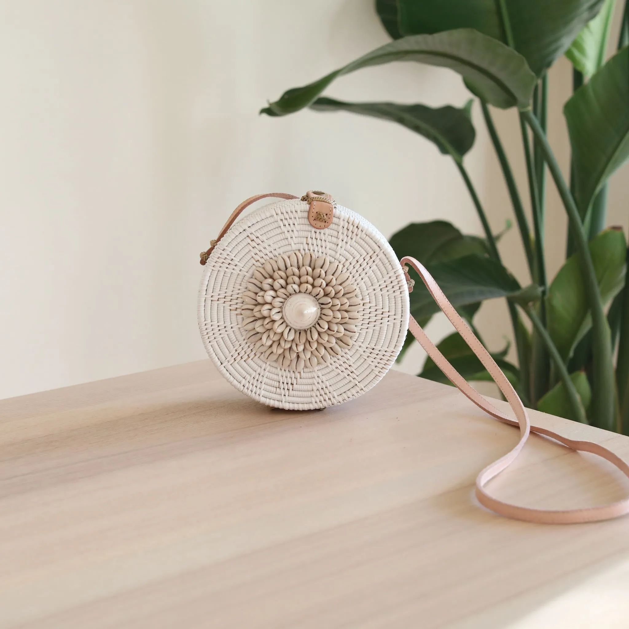 Bali Round Rattan Crossbody Bag Seashell Embellishment with Adjustable Strap